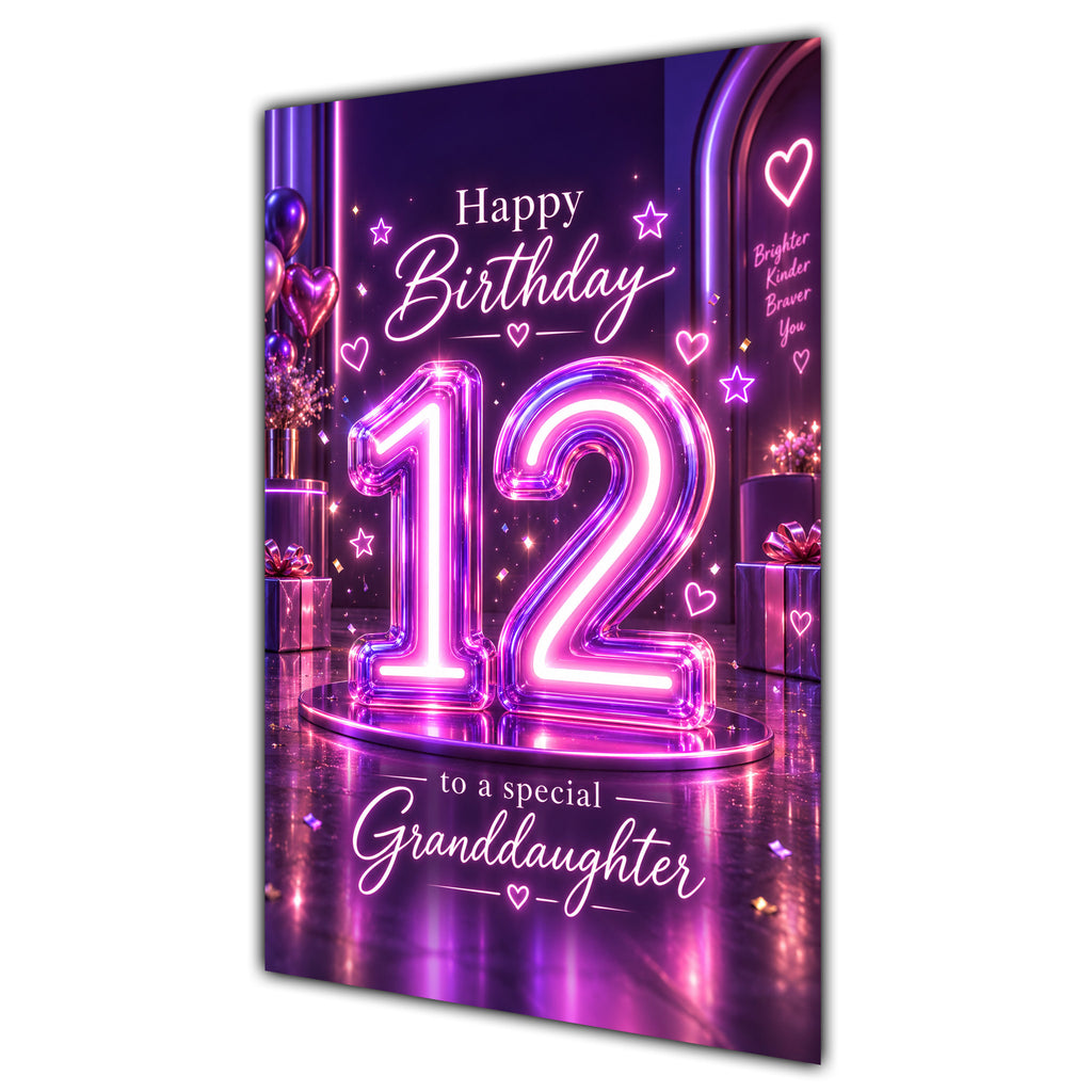 Happy 12th Birthday Granddaughter Purple Neon Number Card A5