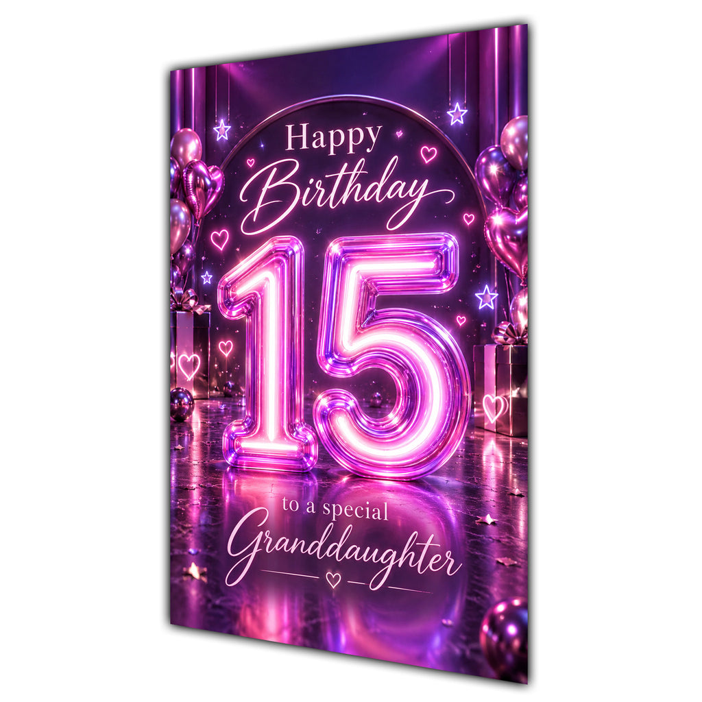Happy 15th Birthday Granddaughter Purple Neon Number Card A5