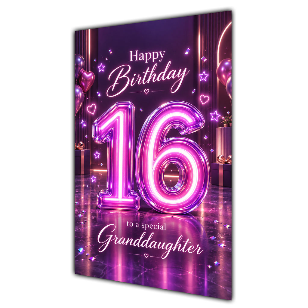 Happy 16th Birthday Granddaughter Purple Neon Number Card A5