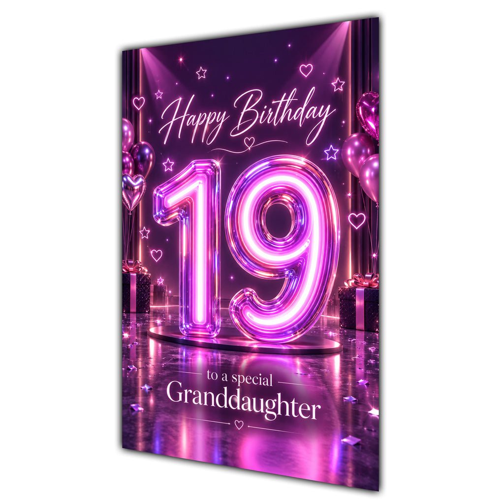 Granddaughter 19th Birthday Card - Pink Neon Number and Hearts