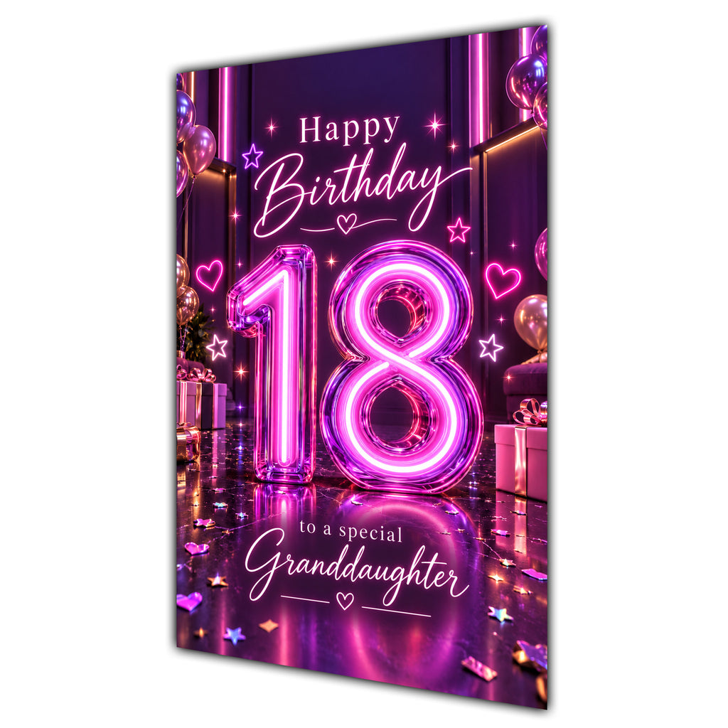 Happy 18th Birthday Granddaughter Purple Neon Number Card A5