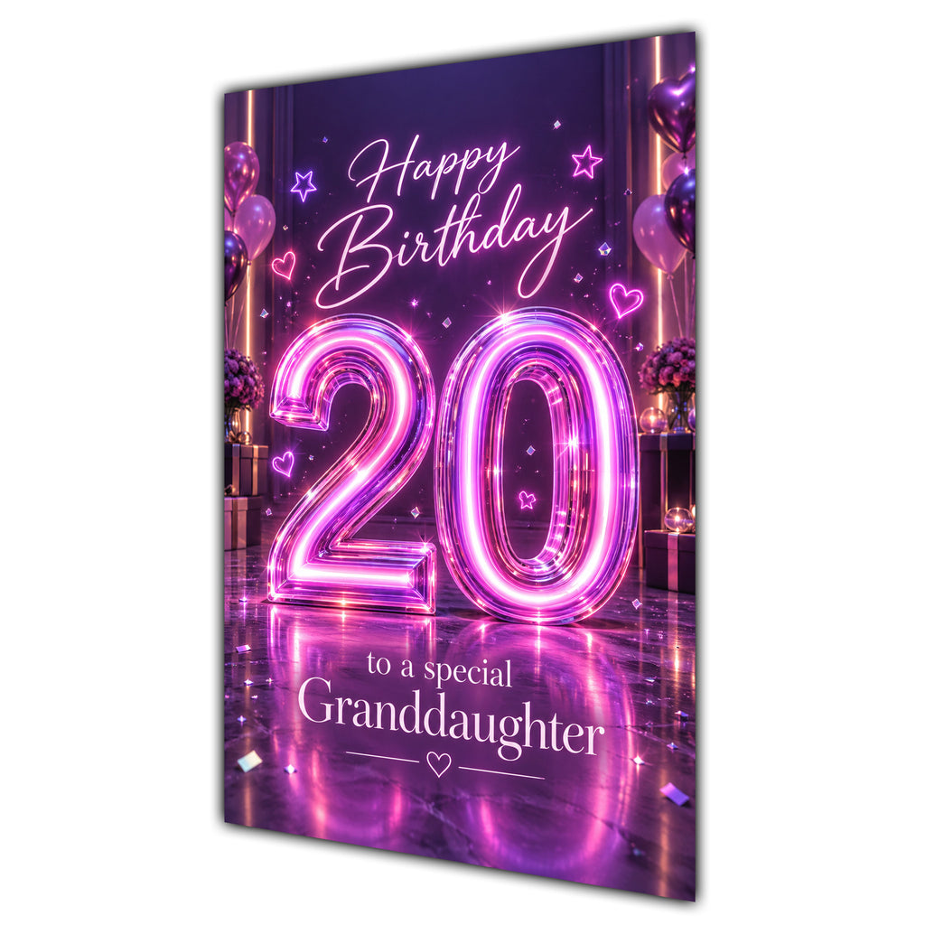 Granddaughter 20th Birthday Card - Pink Neon Number and Hearts