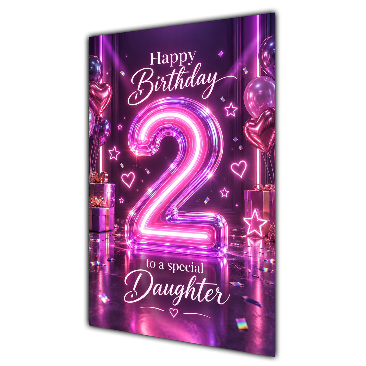 Happy 2nd Birthday Daughter Purple Neon Number Card A5