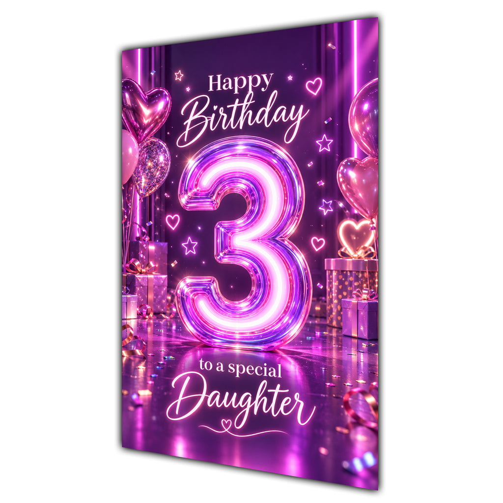 Happy 3rd Birthday Daughter Purple Neon Number Card A5