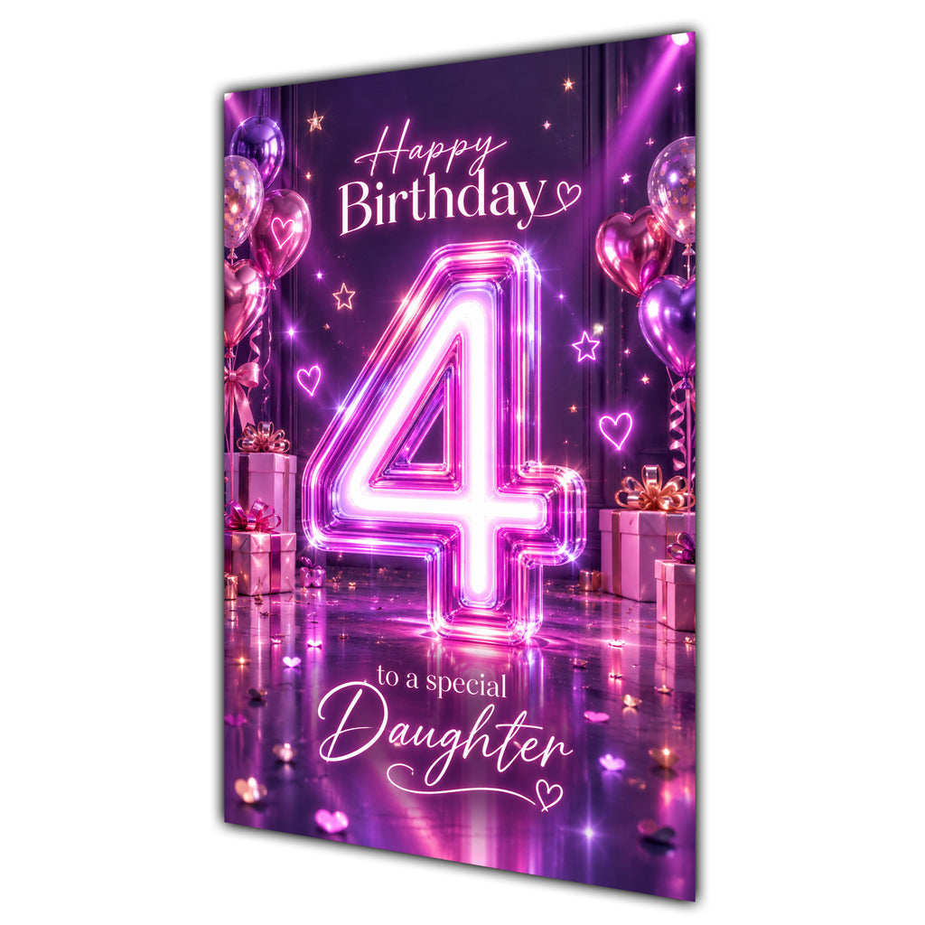 Daughter 4th Birthday Card - Pink Neon Number and Hearts