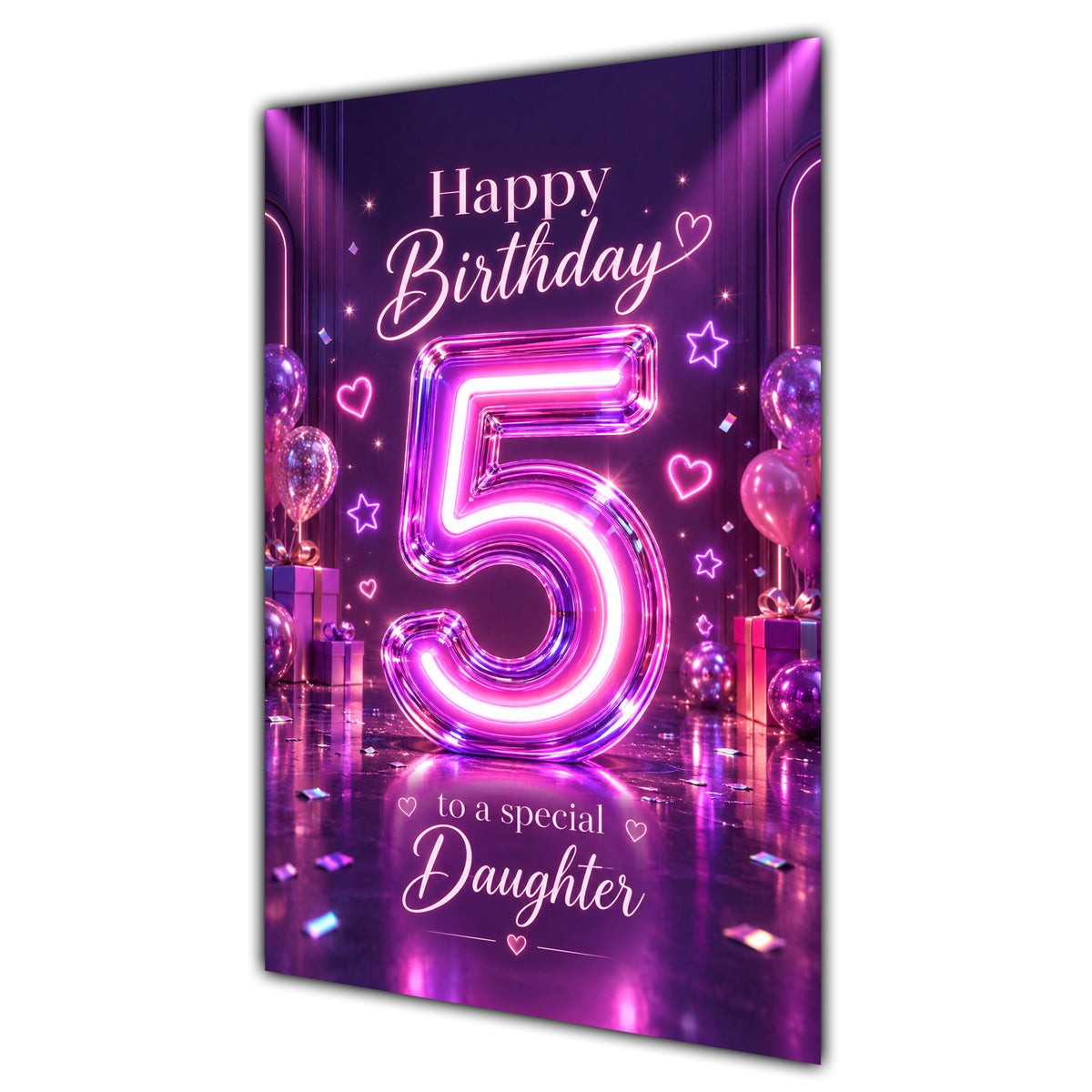 Happy 5th Birthday Daughter Purple Neon Number Card A5