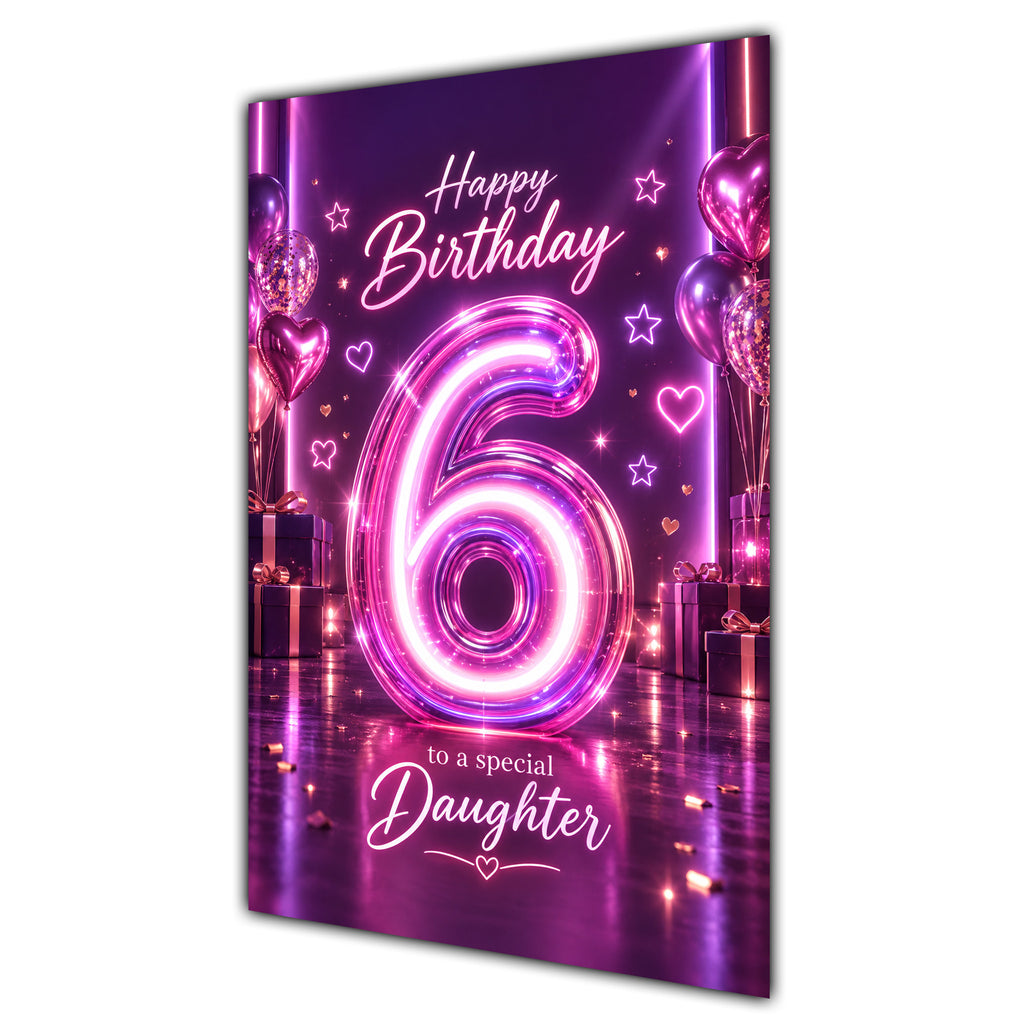 Happy 6th Birthday Daughter Purple Neon Number Card A5