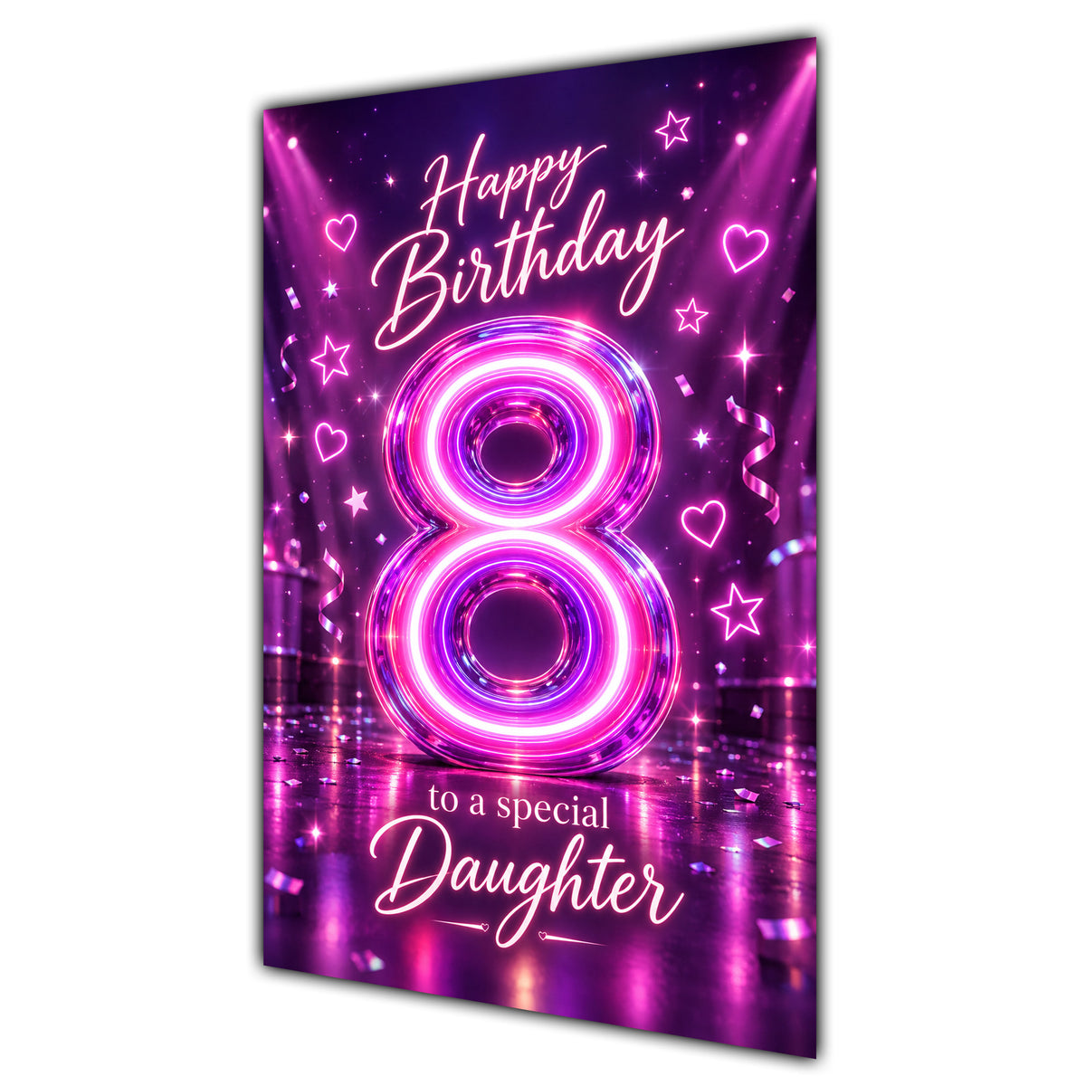 Daughter 8th Birthday Card - Pink Neon Number and Hearts