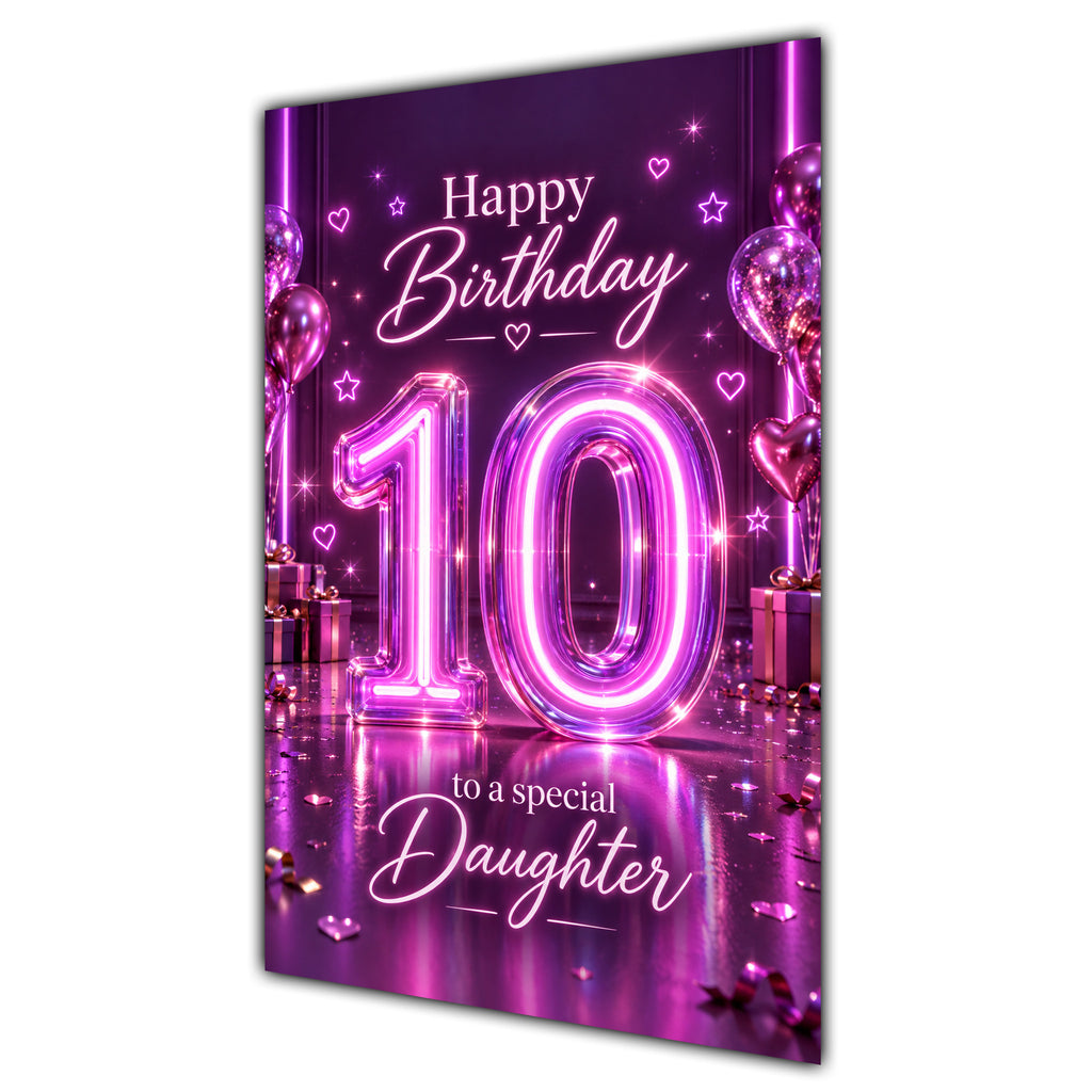 Happy 10th Birthday Daughter Purple Neon Number Card A5