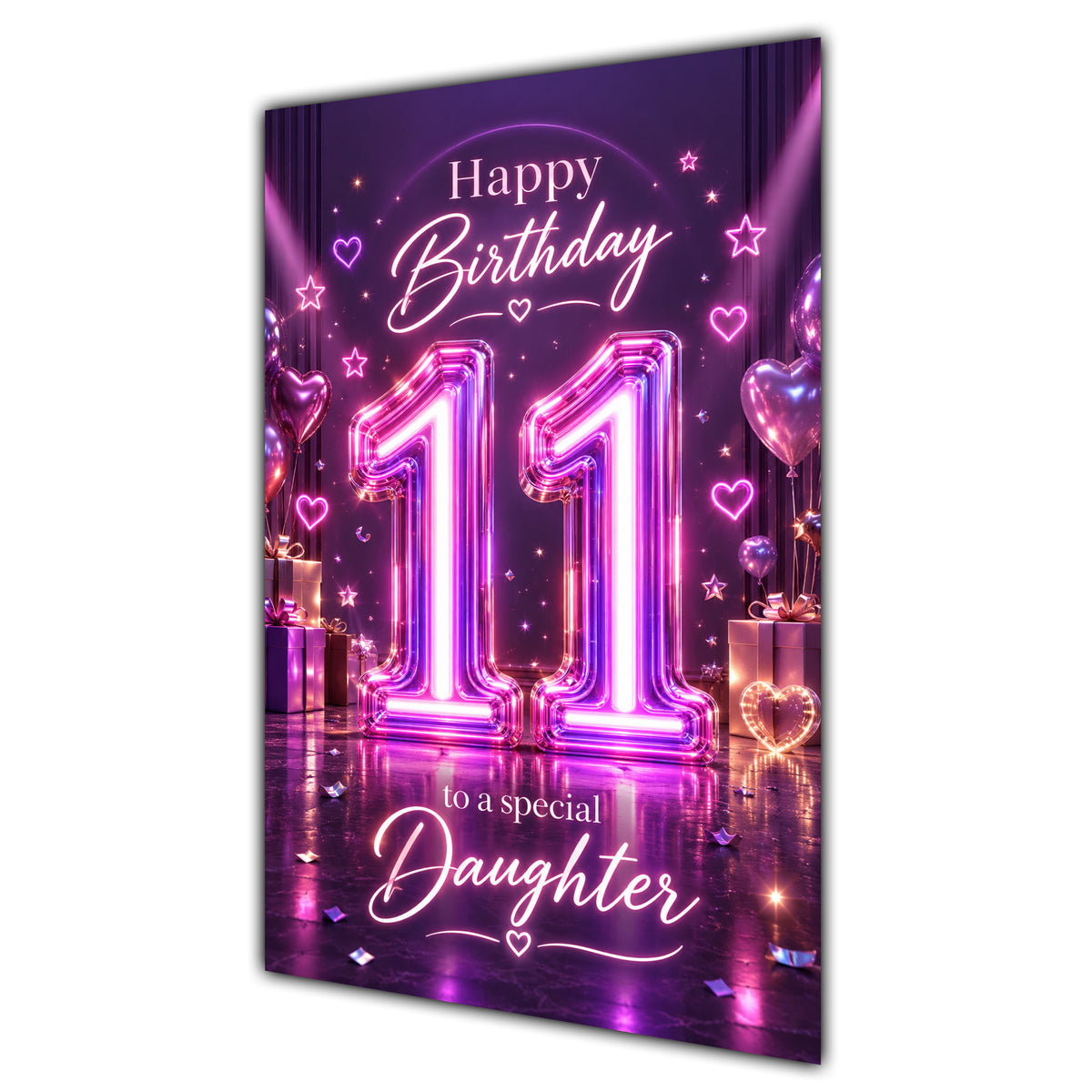 Happy 11th Birthday Daughter Purple Neon Number Card A5