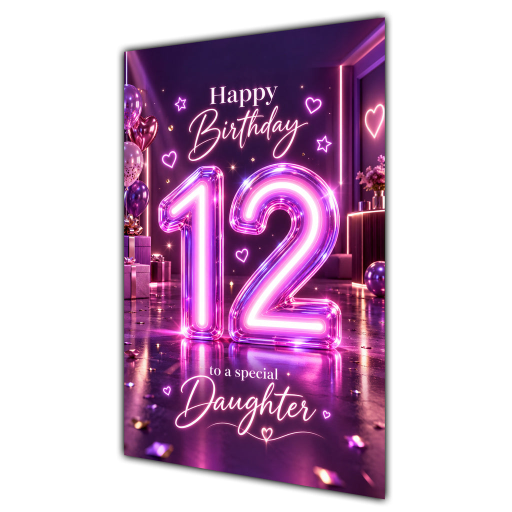 Happy 12th Birthday Daughter Purple Neon Number Card A5