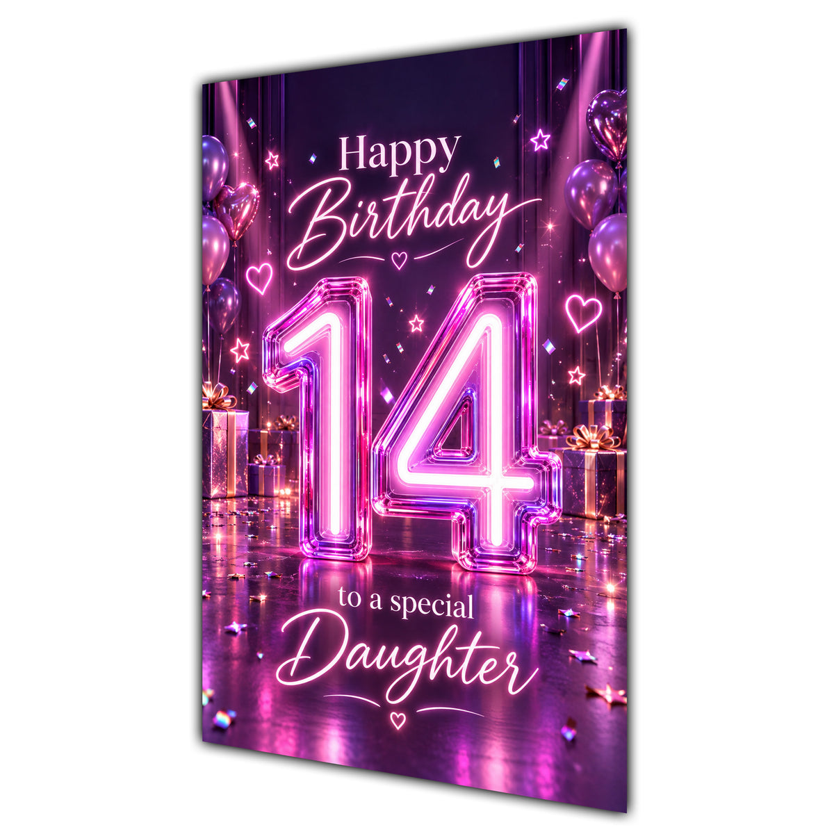 Happy 14th Birthday Daughter Purple Neon Number Card A5
