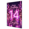 Daughter 14th Birthday Card - Pink Neon Number and Hearts