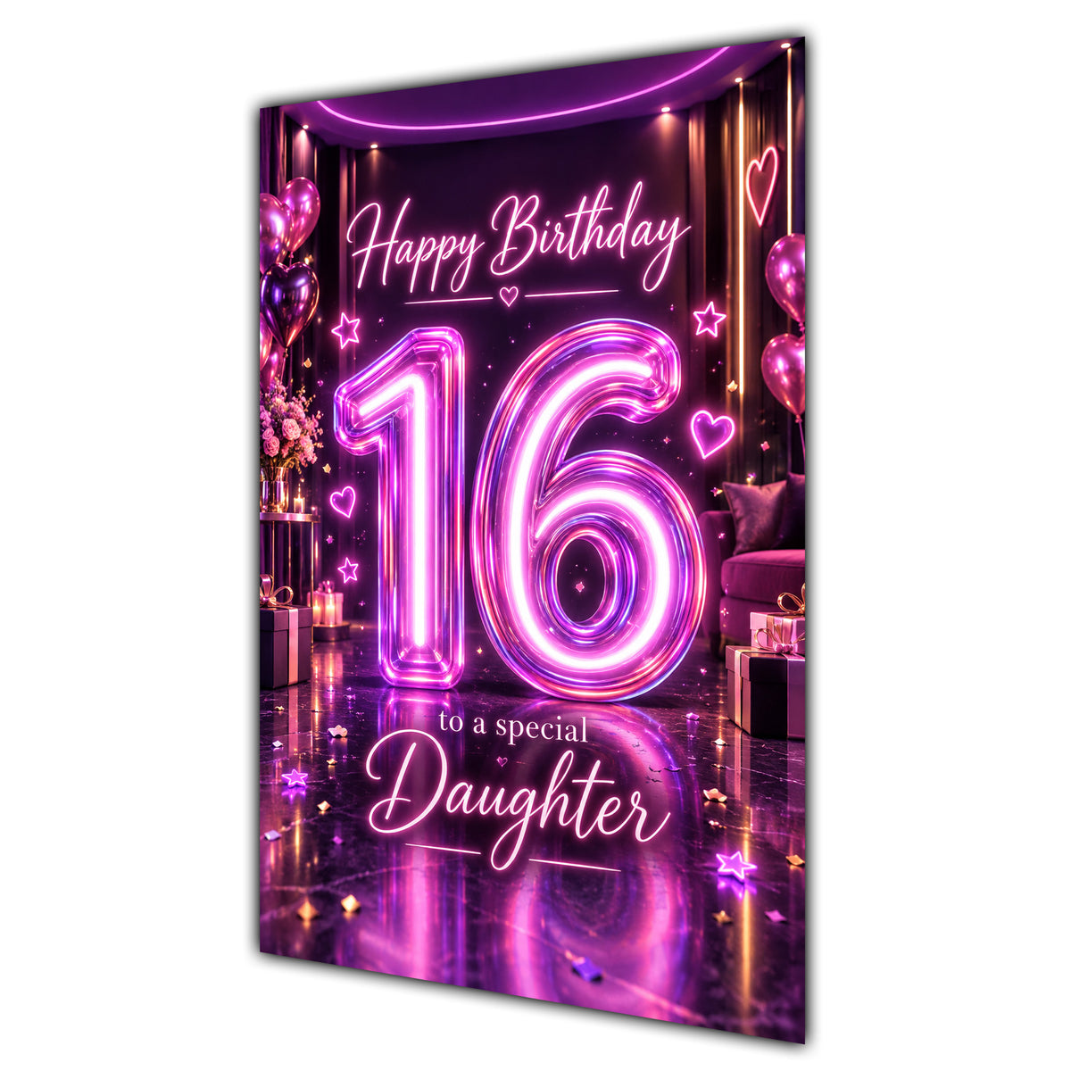 Daughter 16th Birthday Card - Pink Neon Number and Hearts