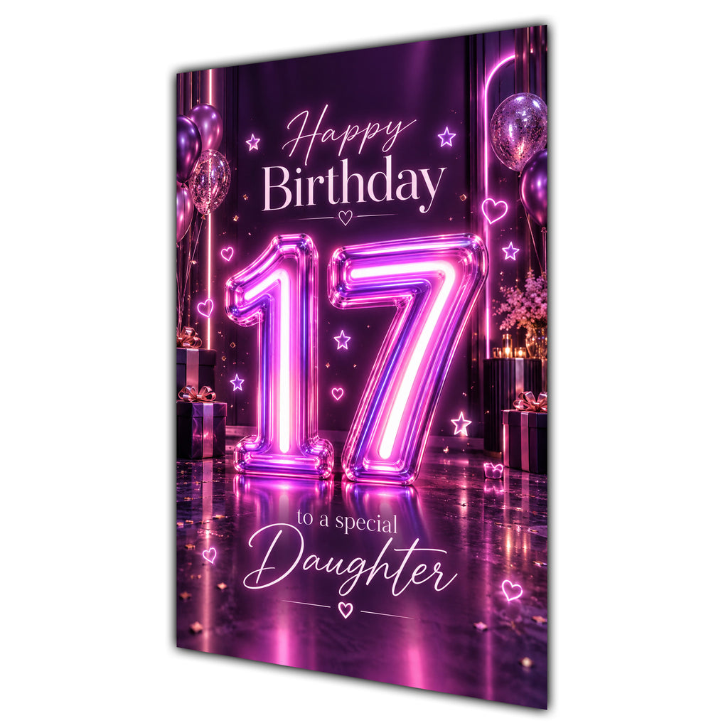 Happy 17th Birthday Daughter Purple Neon Number Card A5