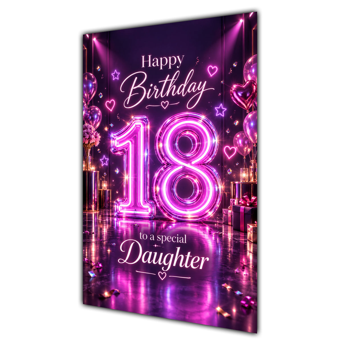Happy 18th Birthday Daughter Purple Neon Number Card A5
