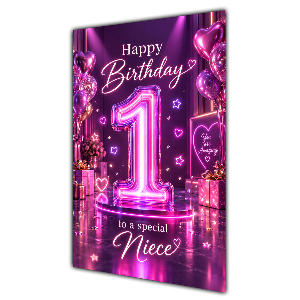 Happy 1st Birthday Niece Purple Neon Number Card A5