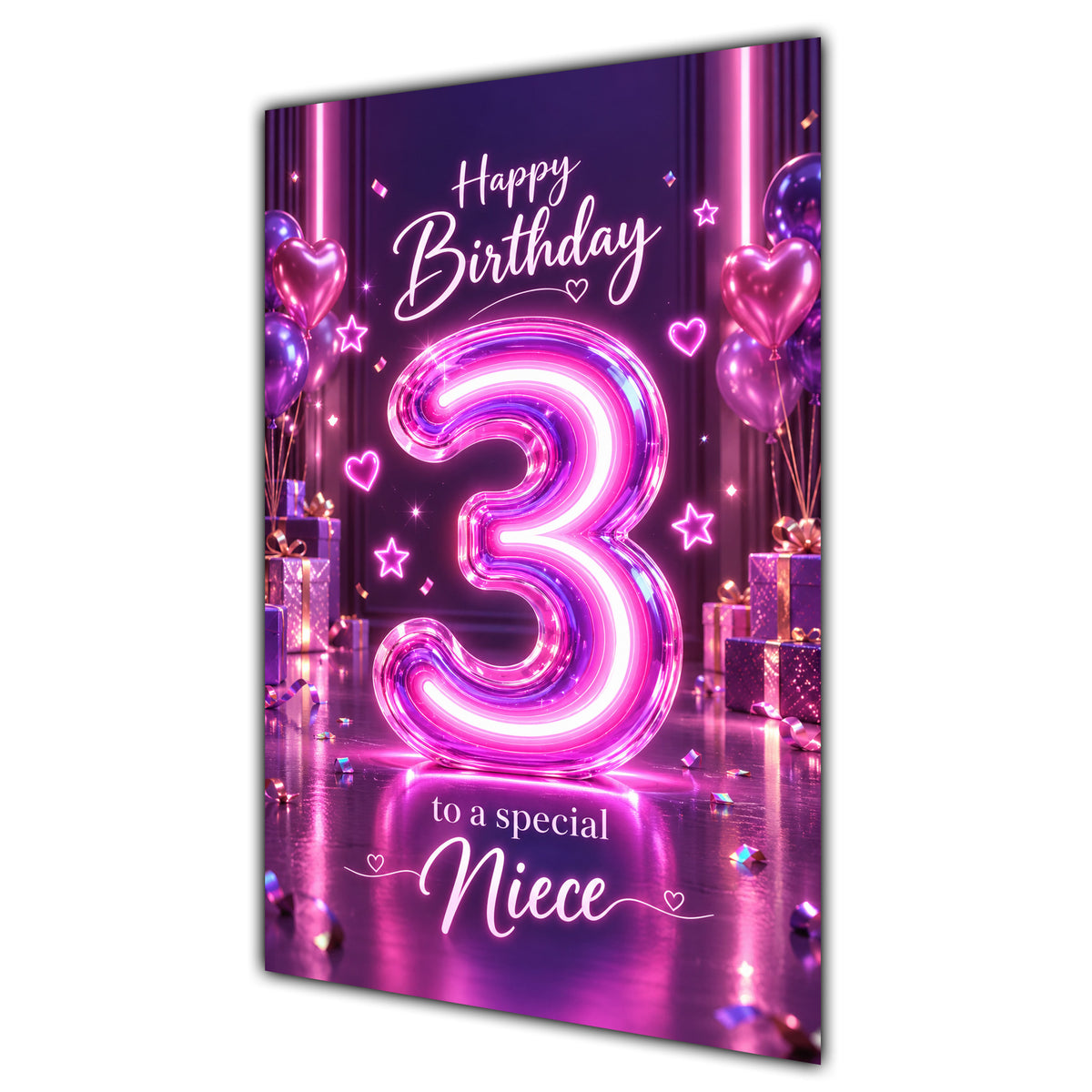 Happy 3rd Birthday Niece Purple Neon Number Card A5