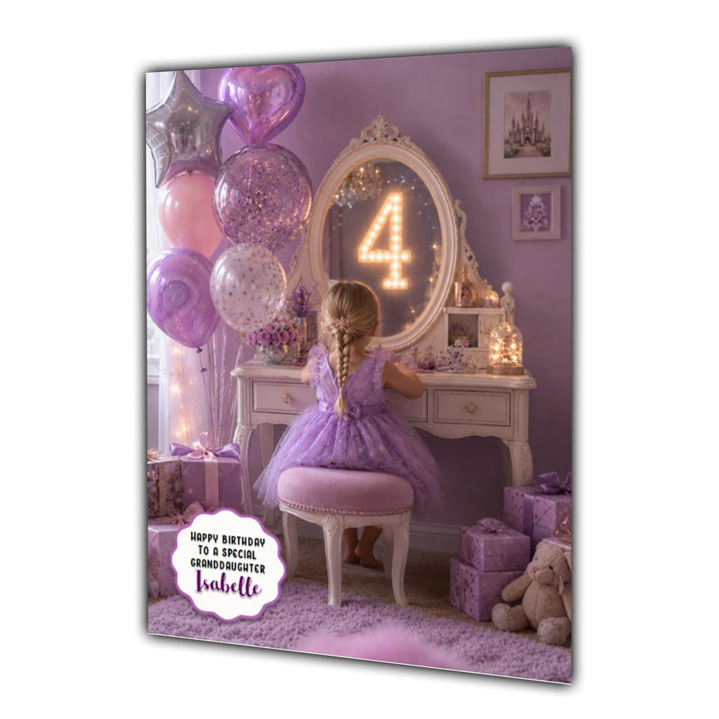 4th Birthday Card For Girls, Daughter, Granddaughter, Niece, Blonde Hair, Dressing Table
