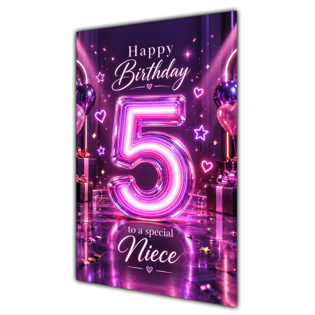 Niece 5th Birthday Card - Pink Neon Number and Hearts