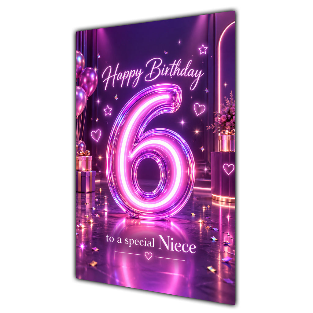 Happy 6th Birthday Niece Purple Neon Number Card A5