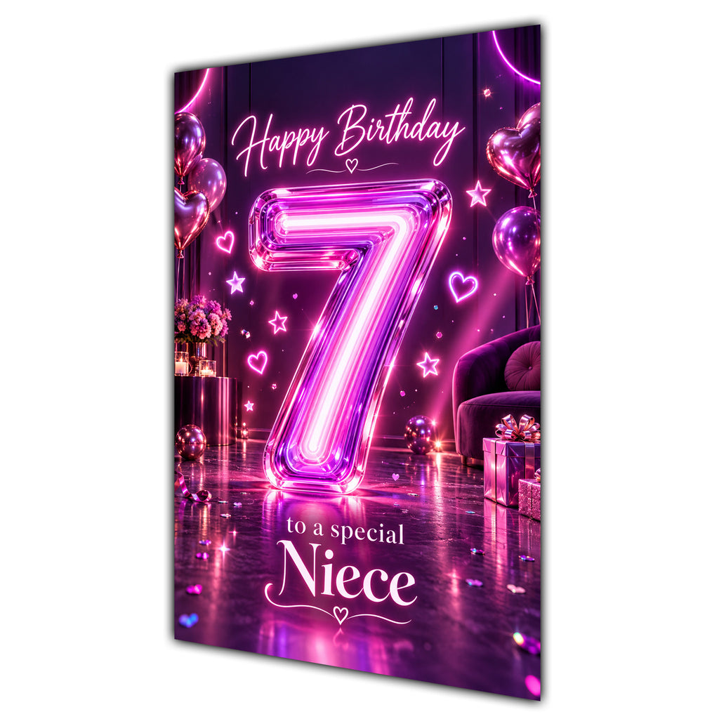 Happy 7th Birthday Niece Purple Neon Number Card A5