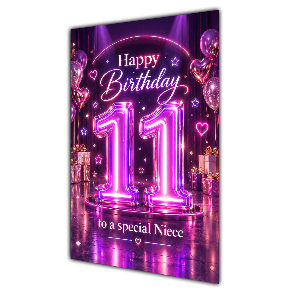 Niece 11th Birthday Card - Pink Neon Number and Hearts