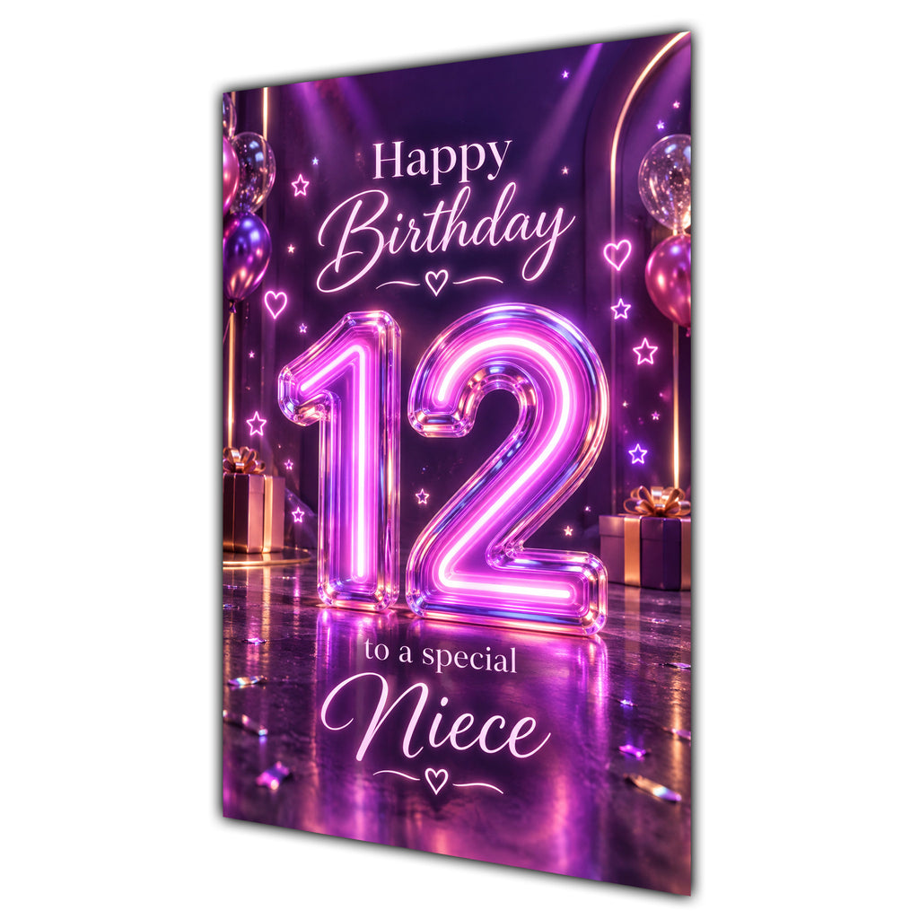 Happy 12th Birthday Niece Purple Neon Number Card A5