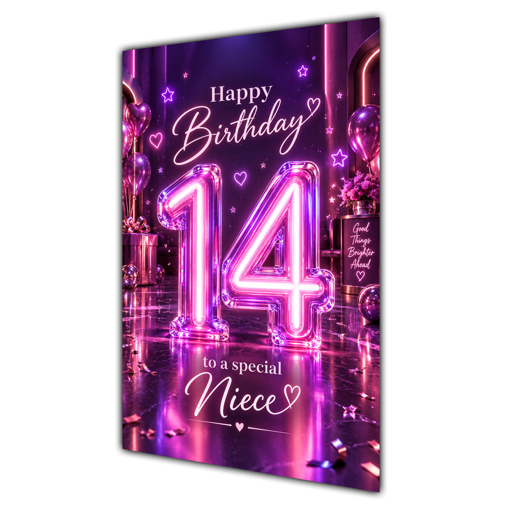 Happy 14th Birthday Niece Purple Neon Number Card A5