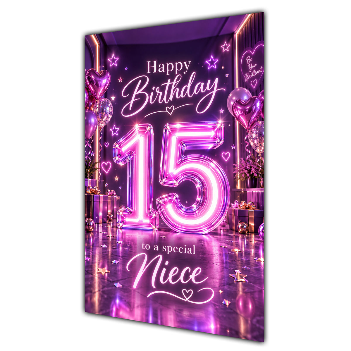 Happy 15th Birthday Niece Purple Neon Number Card A5