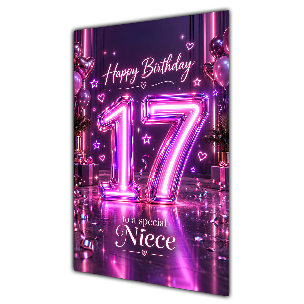 Niece 17th Birthday Card - Pink Neon Number and Hearts