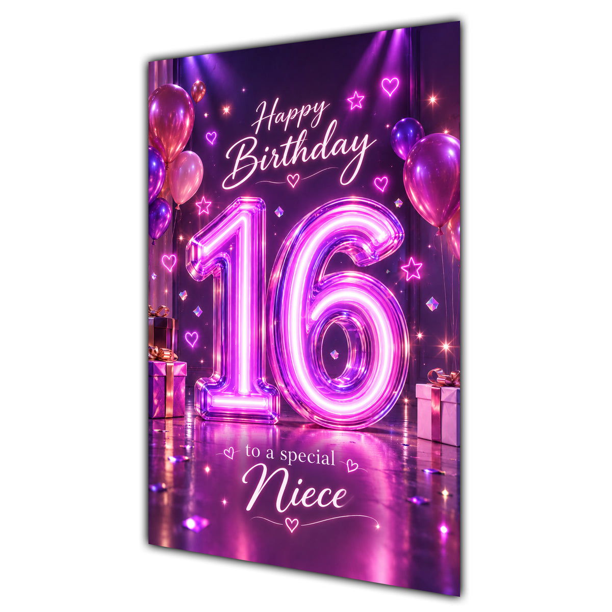 Happy 16th Birthday Niece Purple Neon Number Card A5