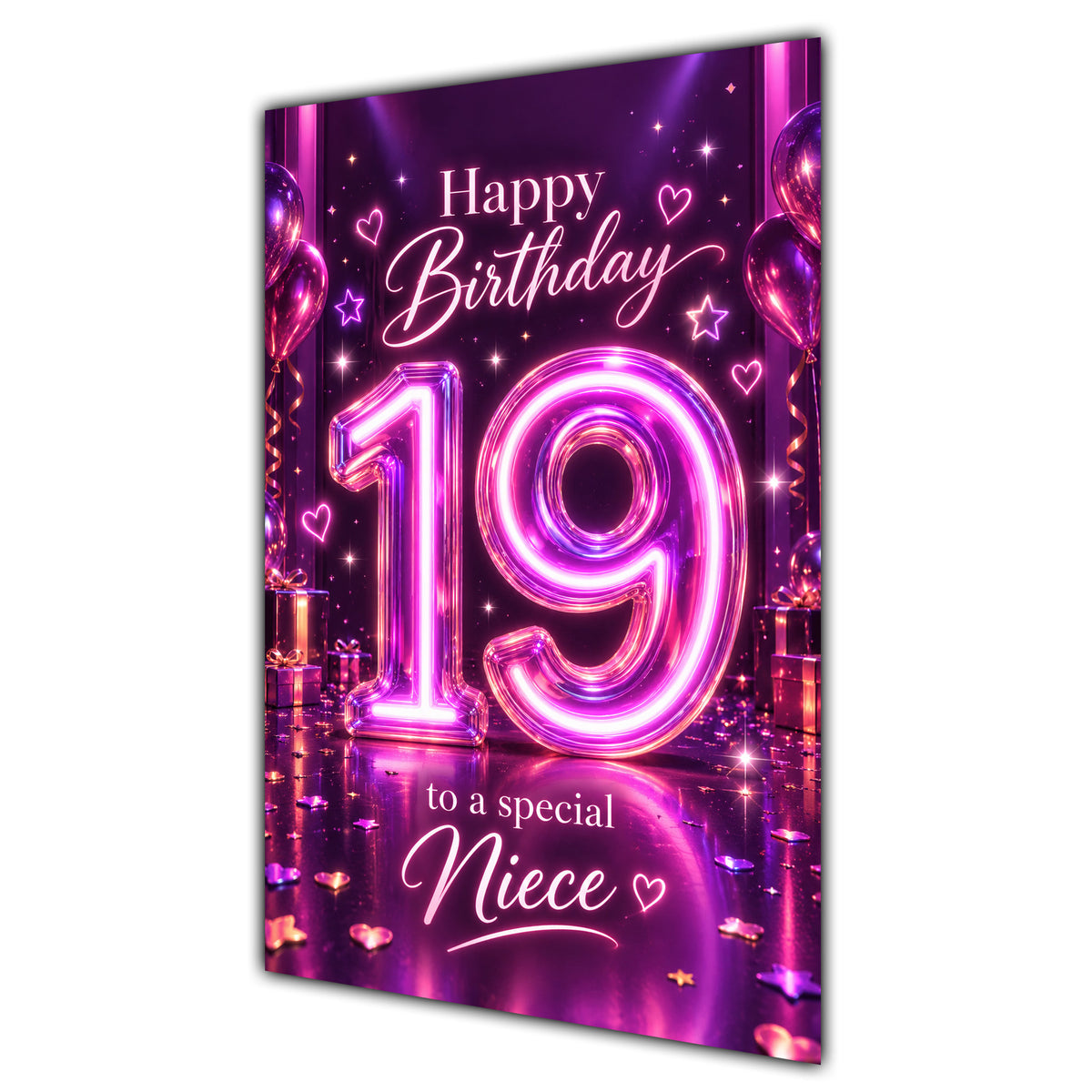 Happy 19th Birthday Niece Purple Neon Number Card A5