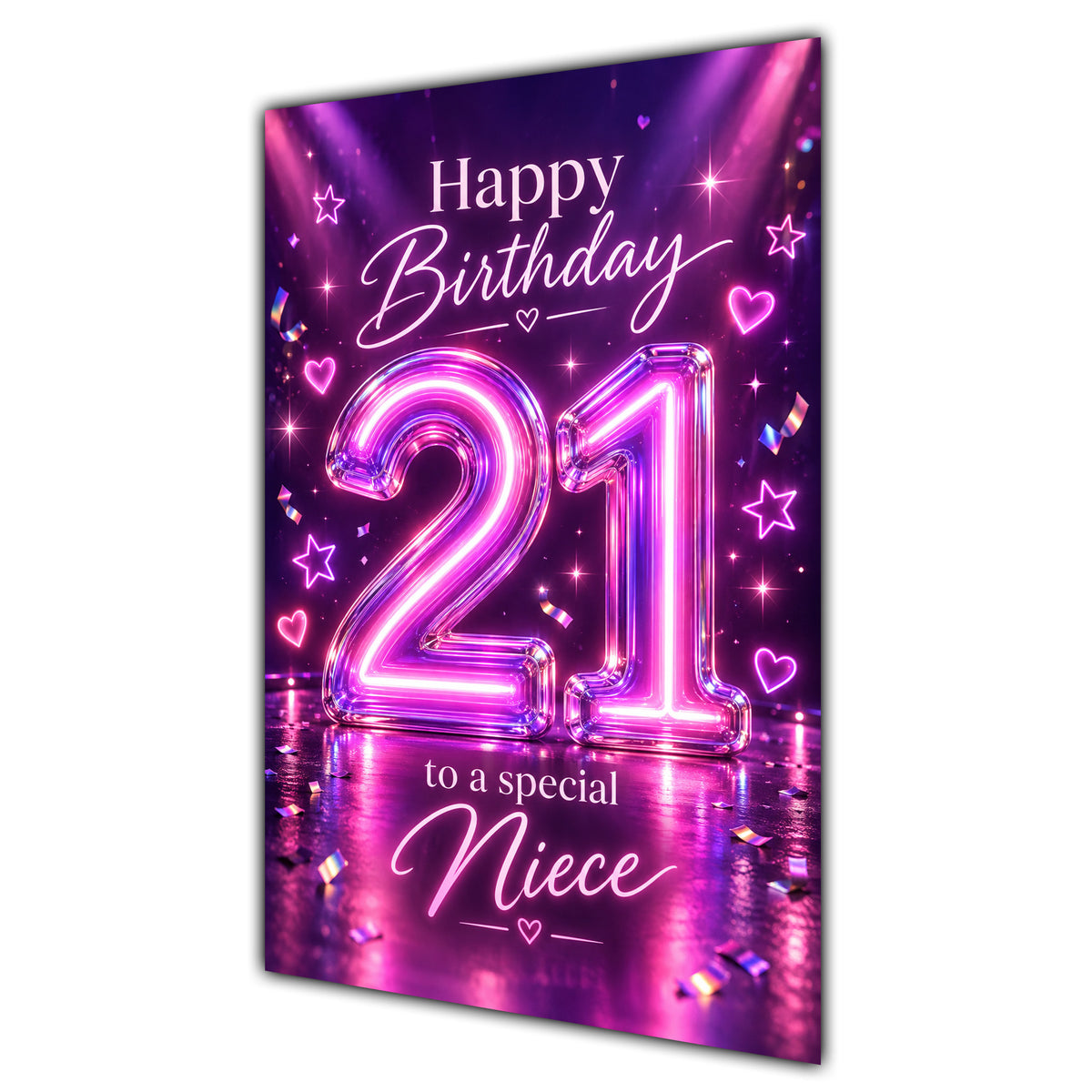 Happy 21st Birthday Niece Purple Neon Number Card A5