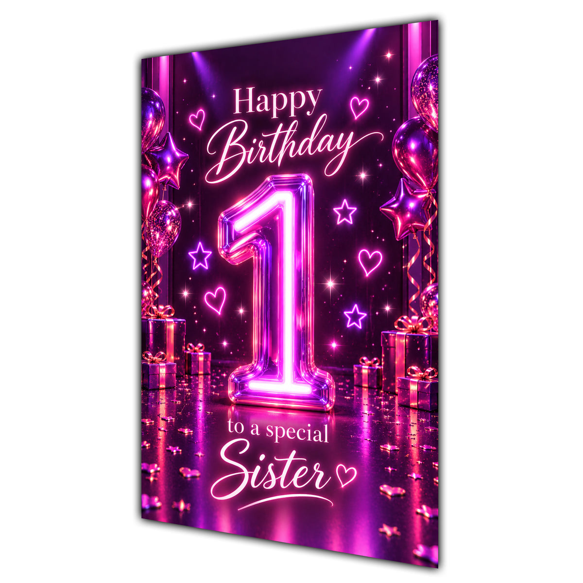 Happy 1st Birthday Sister Purple Neon Number Card A5