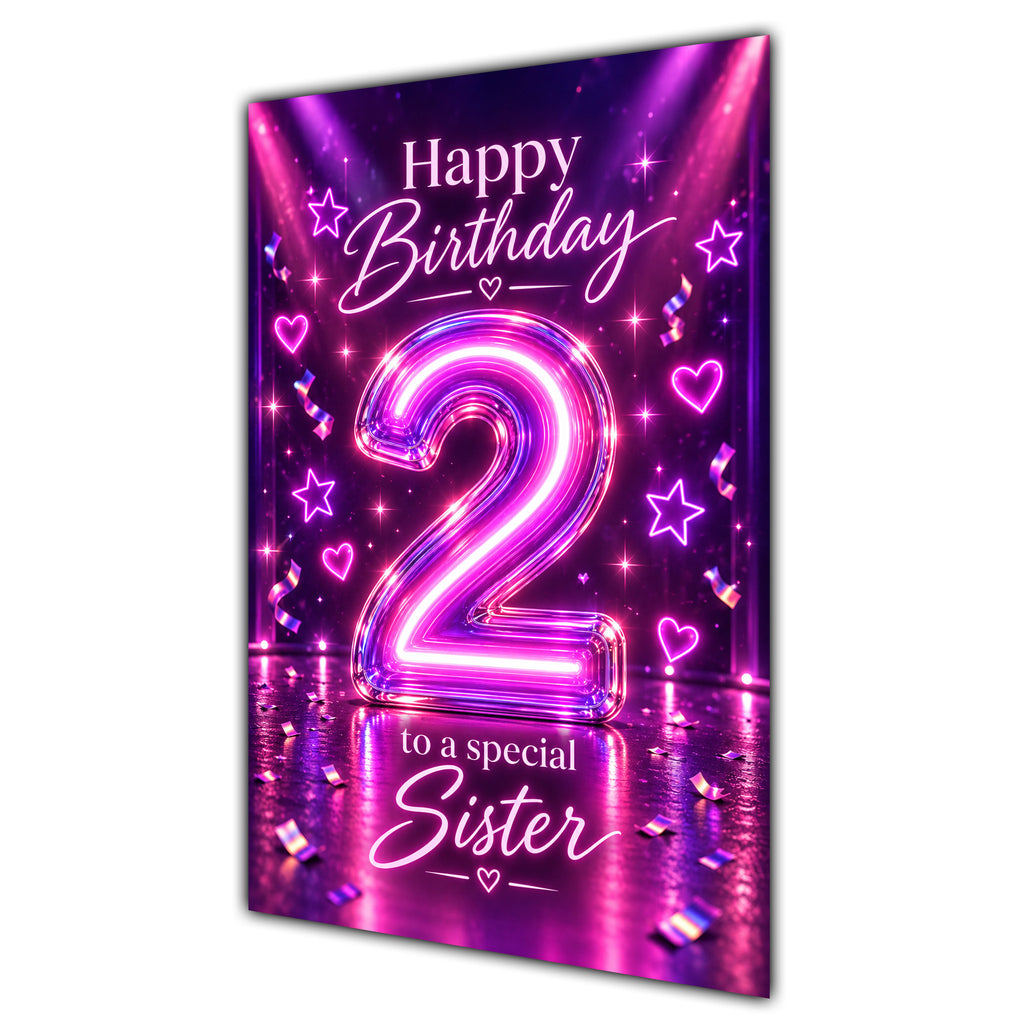 Happy 2nd Birthday Sister Purple Neon Number Card A5