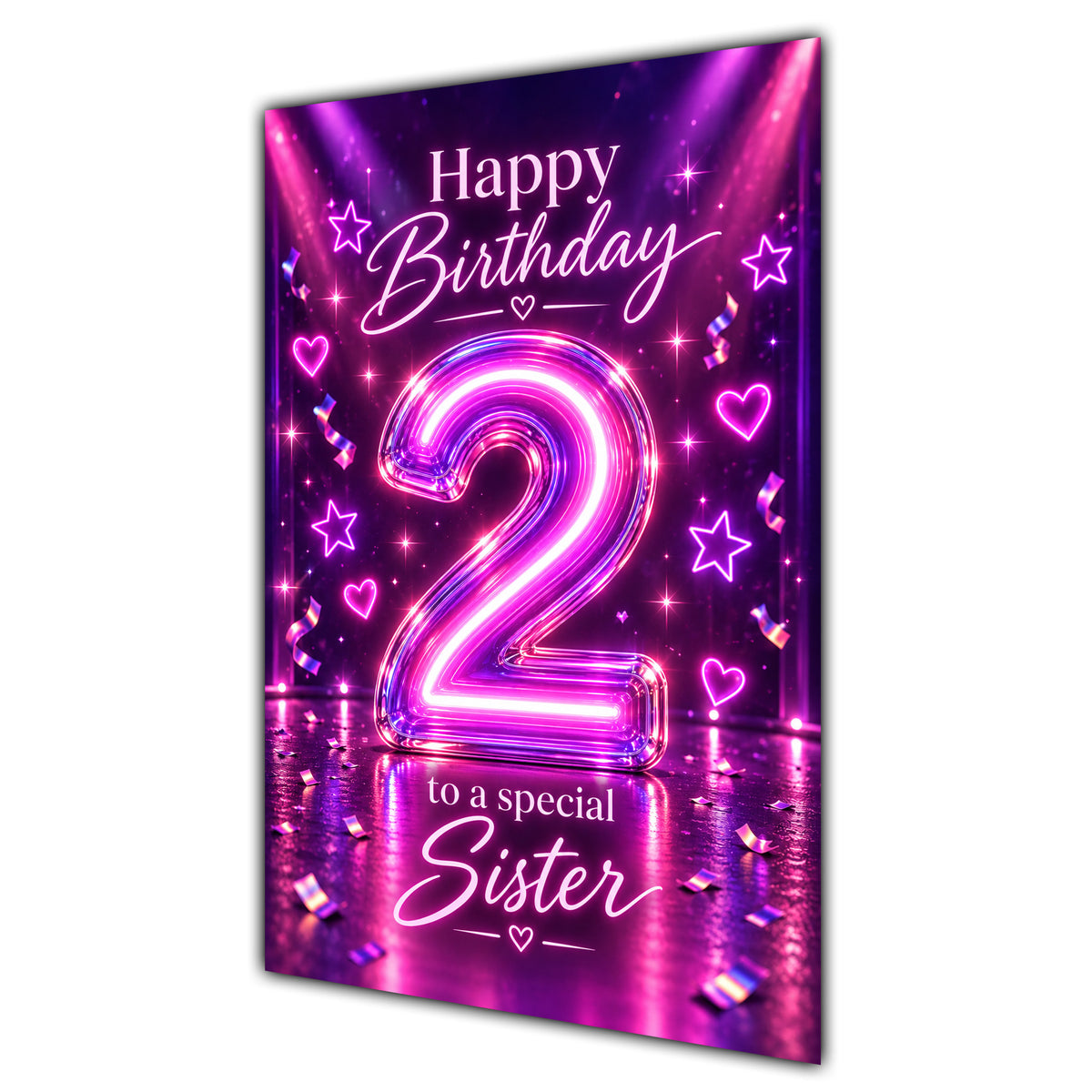 Happy 2nd Birthday Sister Purple Neon Number Card A5