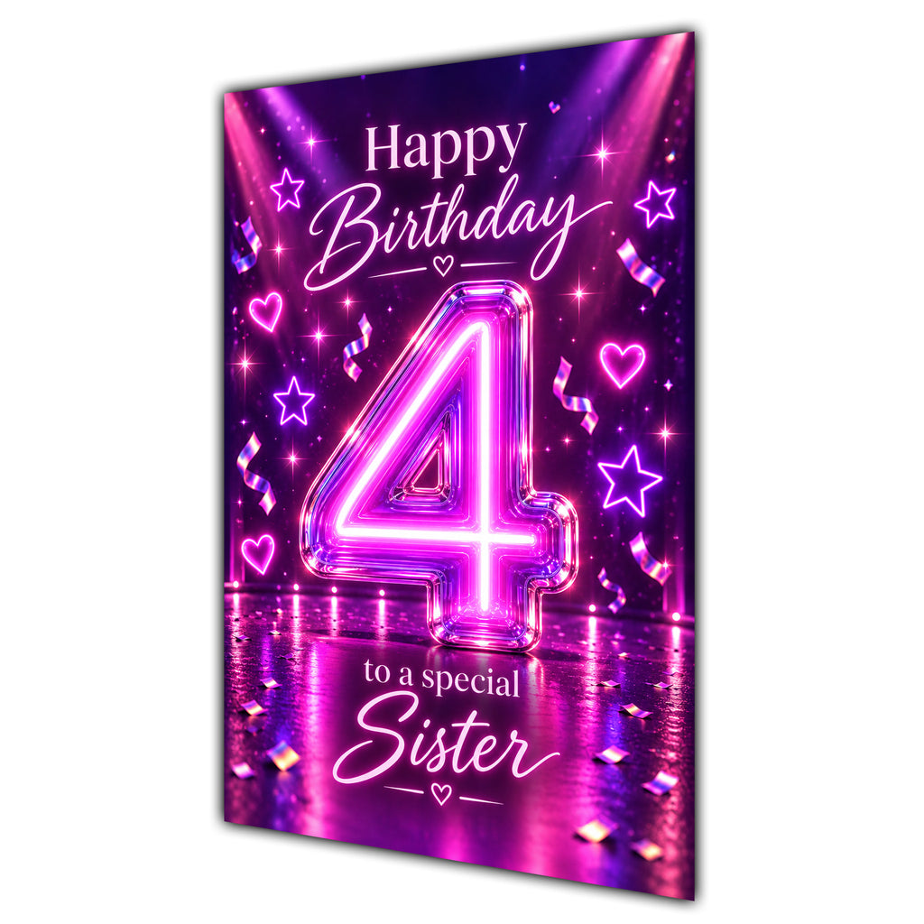 Happy 4th Birthday Sister Purple Neon Number Card A5