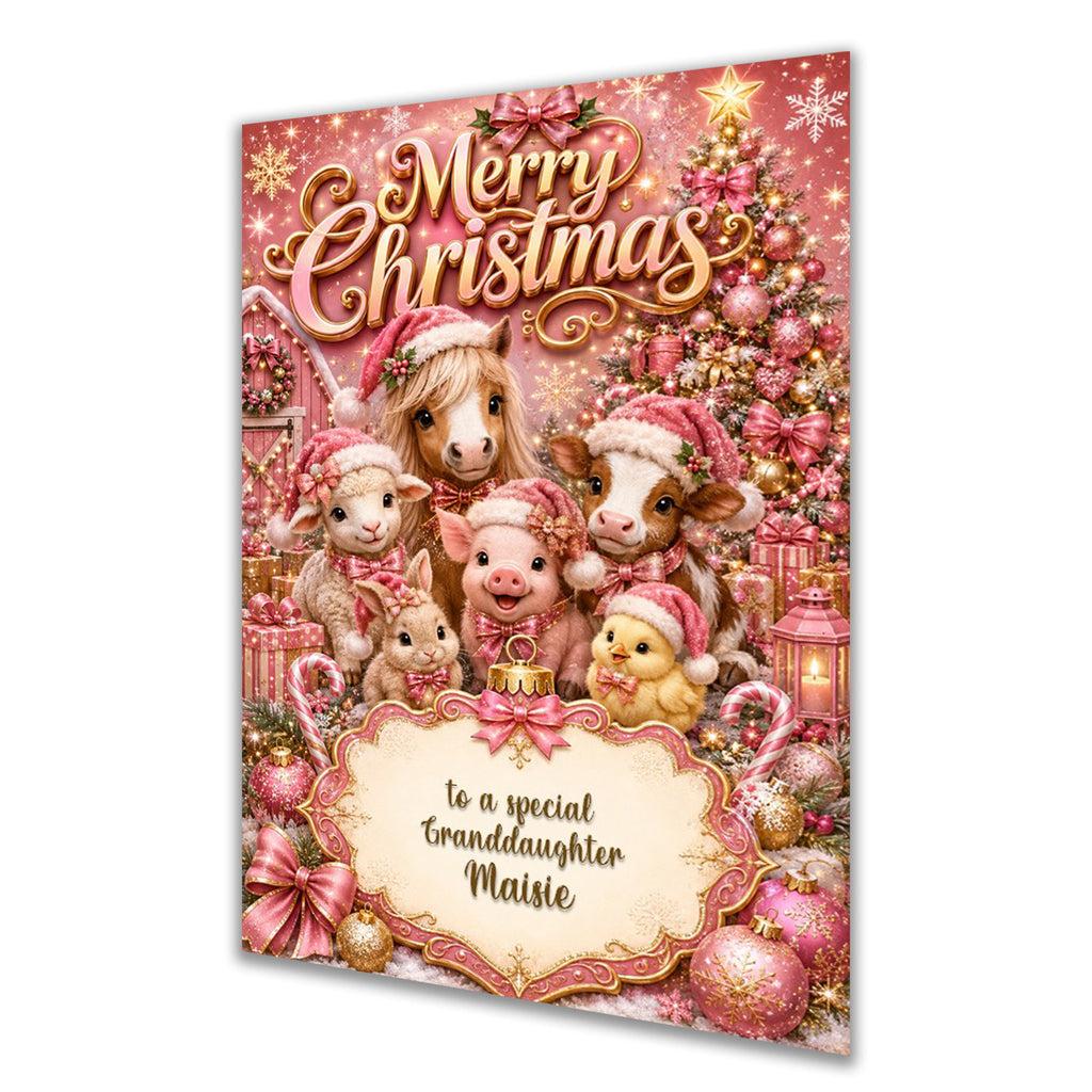 Personalised Christmas Card - Cute Farm Animals in Pink