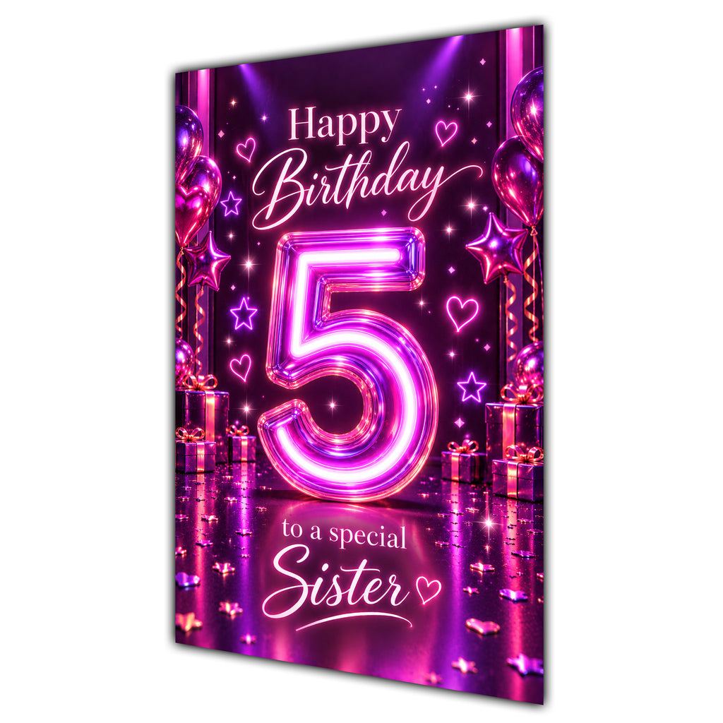 Happy 5th Birthday Sister Purple Neon Number Card A5