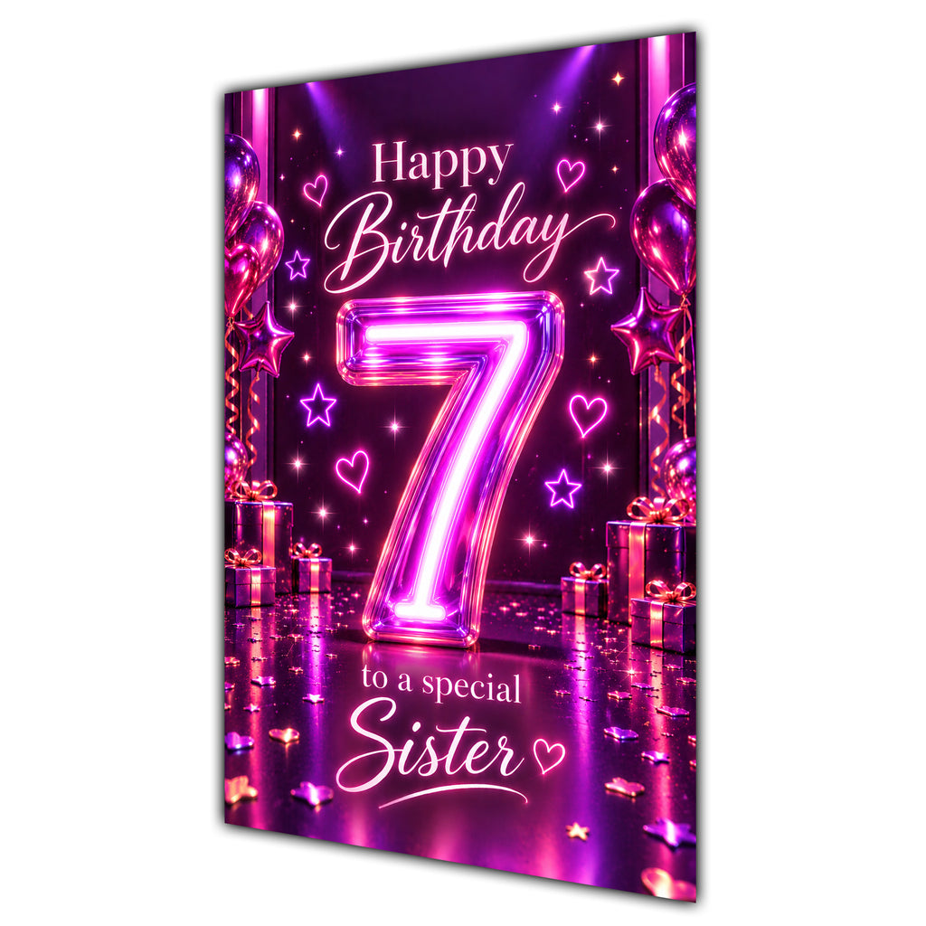 Happy 7th Birthday Sister Purple Neon Number Card A5
