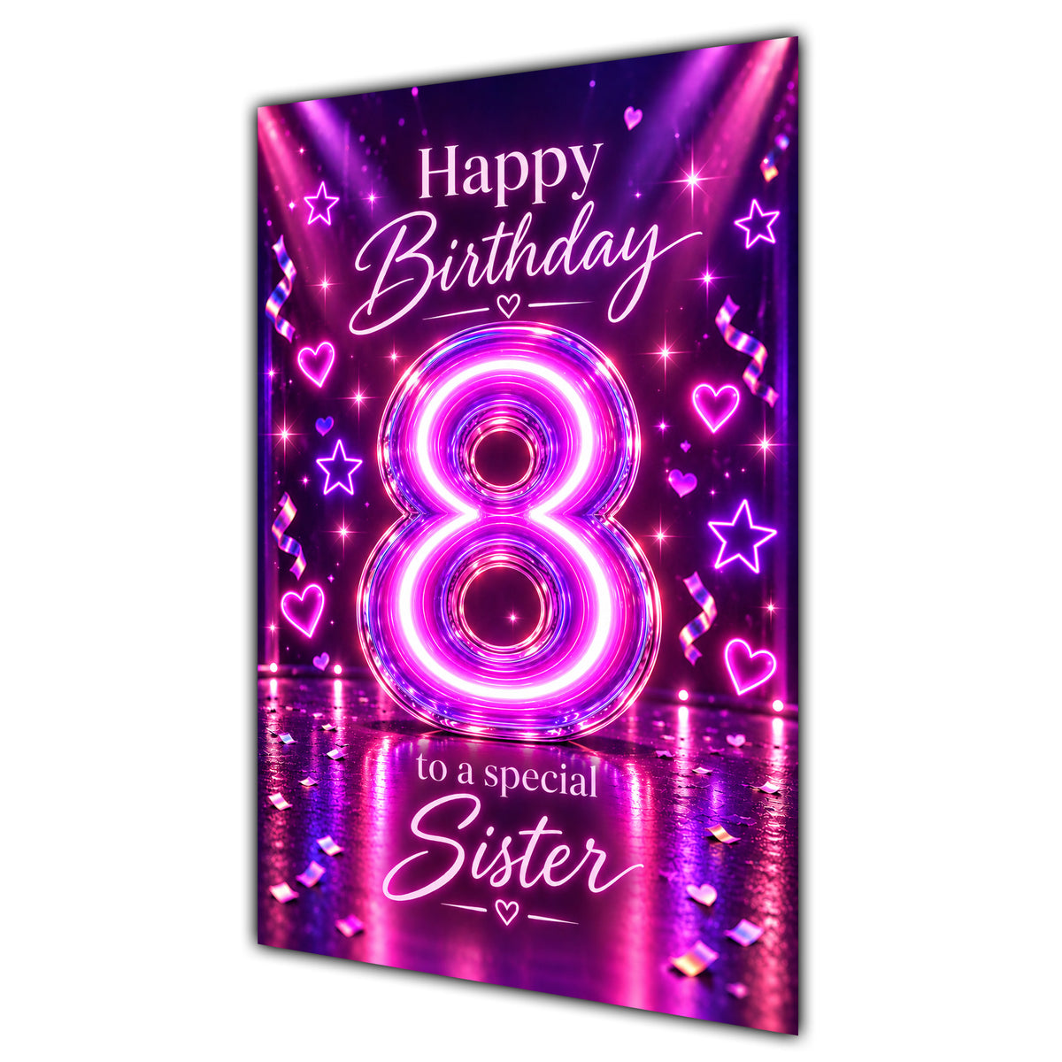 Sister 8th Birthday Card - Pink Neon Number and Hearts