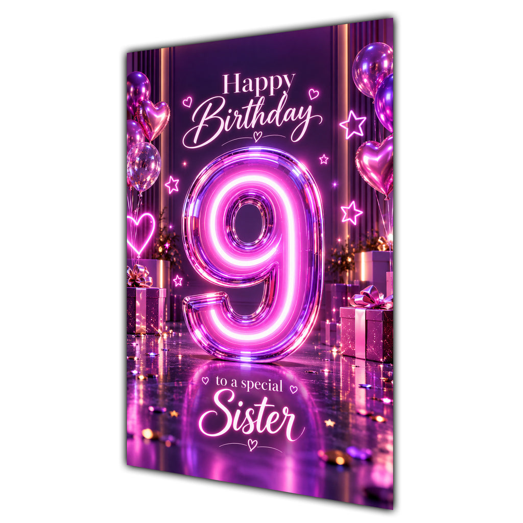 Happy 9th Birthday Sister Purple Neon Number Card A5