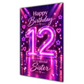 Happy 12th Birthday Sister Purple Neon Number Card A5