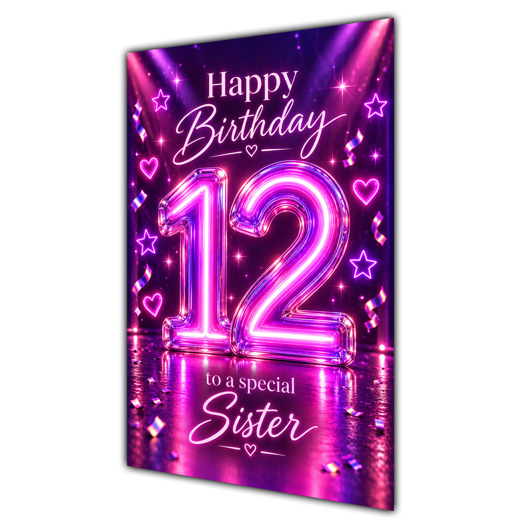 Sister 12th Birthday Card - Pink Neon Number and Hearts
