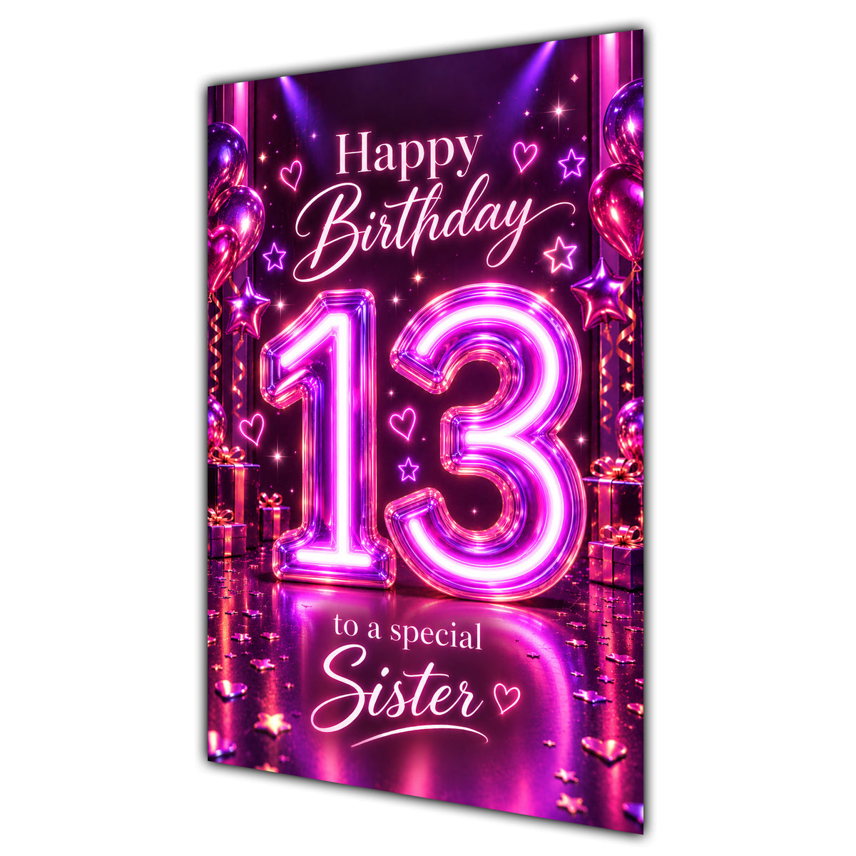 Happy 13th Birthday Sister Purple Neon Number Card A5