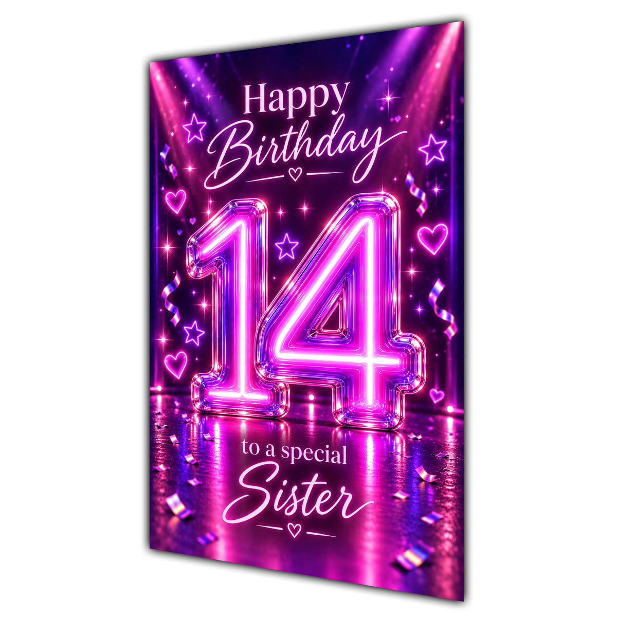 Sister 14th Birthday Card - Pink Neon Number and Hearts