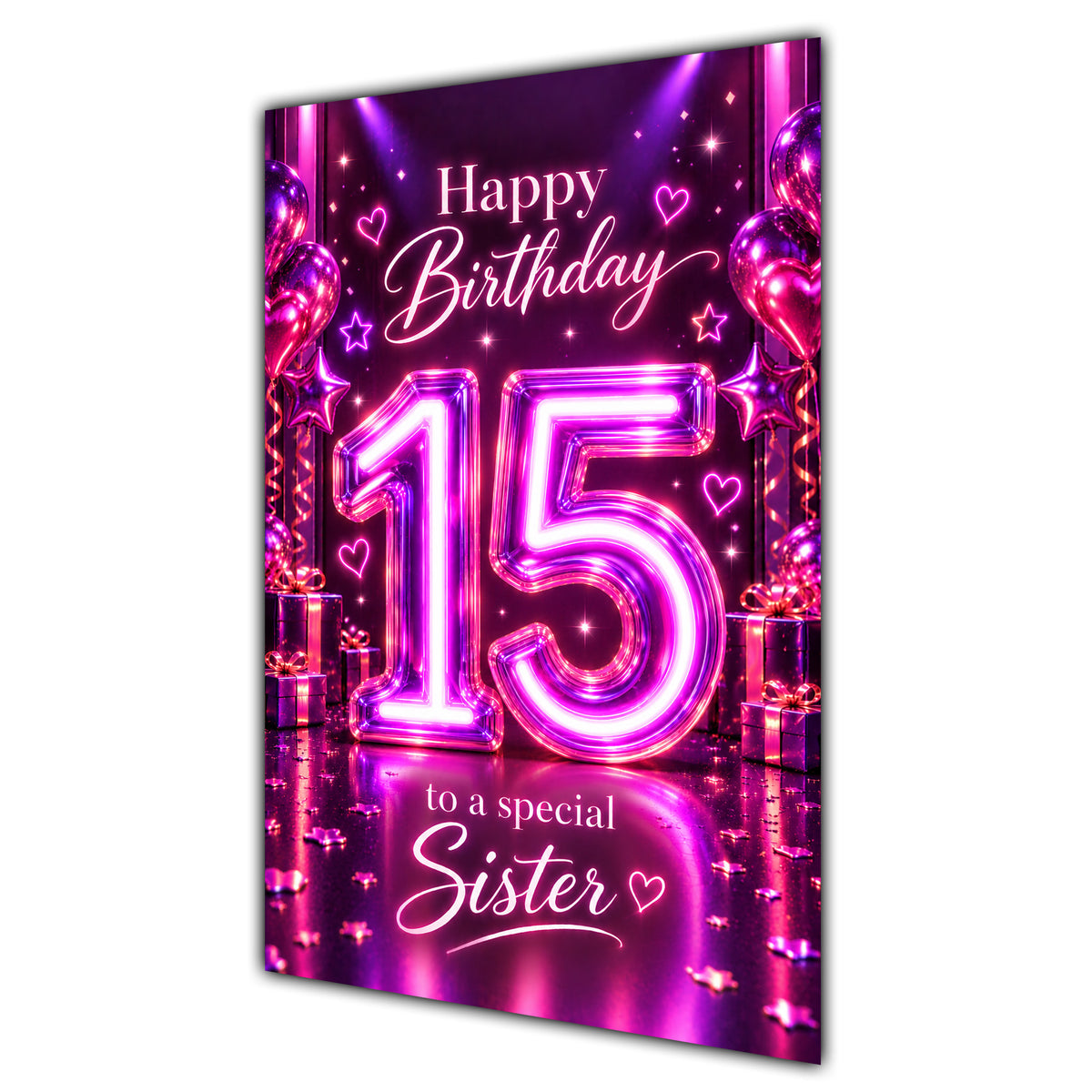 Happy 15th Birthday Sister Purple Neon Number Card A5