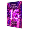 Sister 16th Birthday Card - Pink Neon Number and Hearts