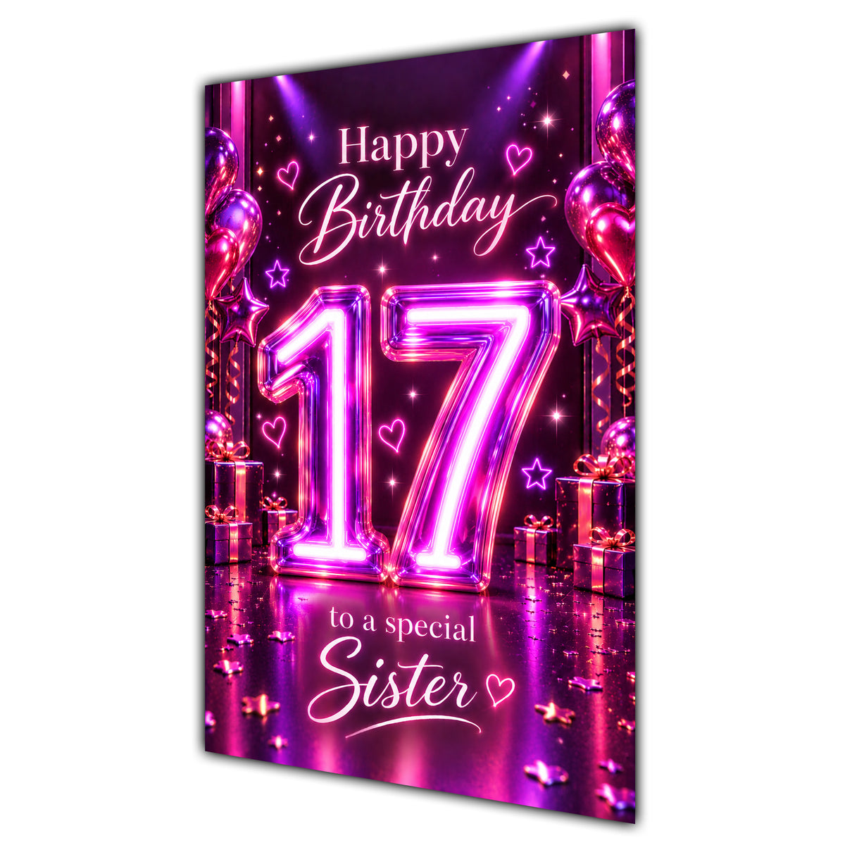 Happy 17th Birthday Sister Purple Neon Number Card A5